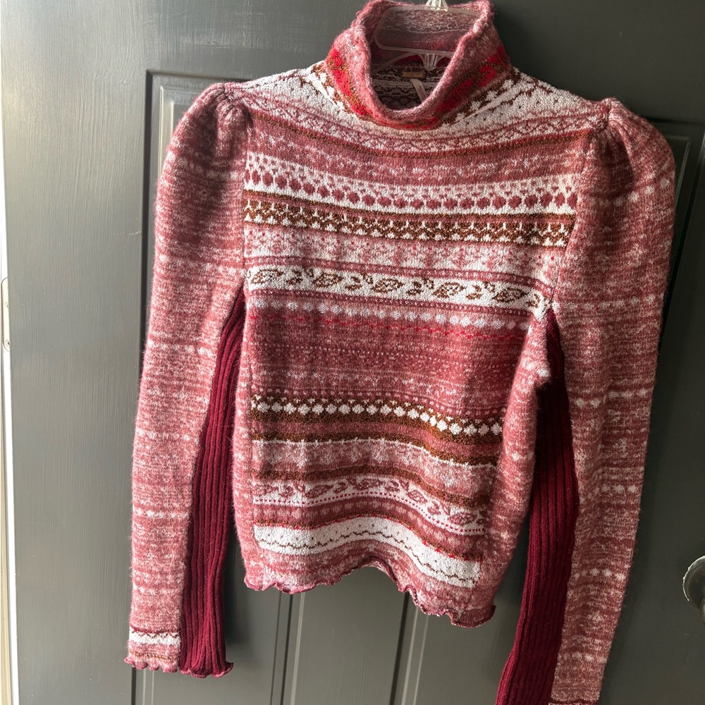 Free People Red and White Patterned Turtleneck Sweater